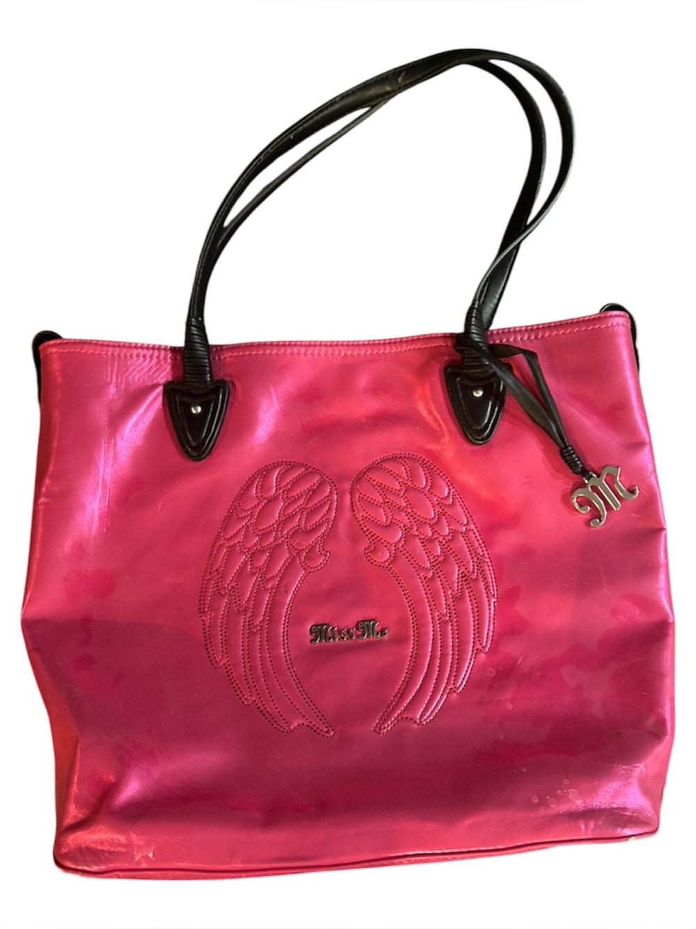 Miss Me Pink Wing-Embroidered tote with Black Handles
